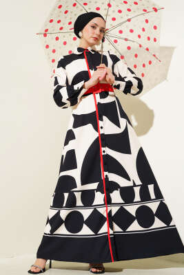 Desenli Kemer Detaylı Elbise Siyah - Thumbnail