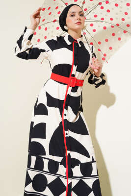 Desenli Kemer Detaylı Elbise Siyah - Thumbnail