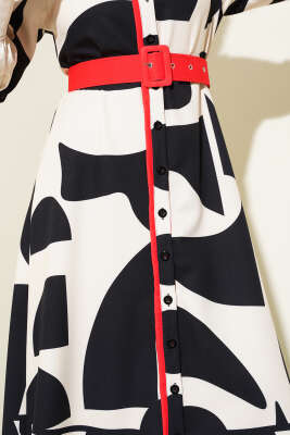 Desenli Kemer Detaylı Elbise Siyah - Thumbnail