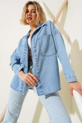 Çift Göğüs Cepli Basic Kot Gömlek Mavi - Thumbnail