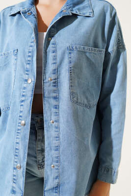 Çift Göğüs Cepli Basic Kot Gömlek Mavi - Thumbnail