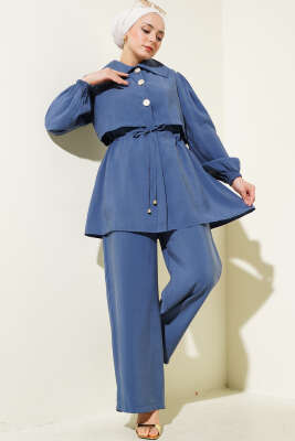 Pazarium - Bolero Detaylı Bel Tünelli İkili Takım İndigo
