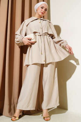 Pazarium - Bolero Detaylı Bel Tünelli İkili Takım Bej