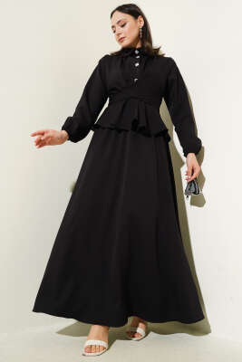 Pazarium - Taş Düğmeli Bağlamalı Etekli Takım Siyah