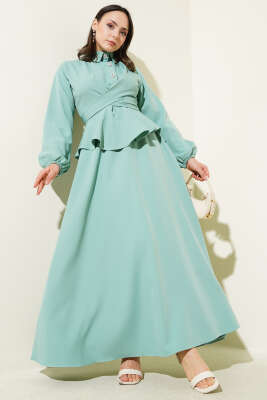 Pazarium - Taş Düğmeli Bağlamalı Etekli Takım Mint