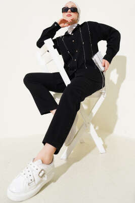 Pazarium - Sıra Taşlı Kot İkili Takım Siyah