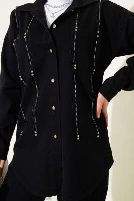 Sıra Taşlı Kot İkili Takım Siyah - Thumbnail