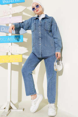 Sıra Taşlı Kot İkili Takım Mavi - Thumbnail