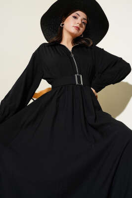 Pazarium - Yarım Fermuarlı Mevlana Elbise Siyah