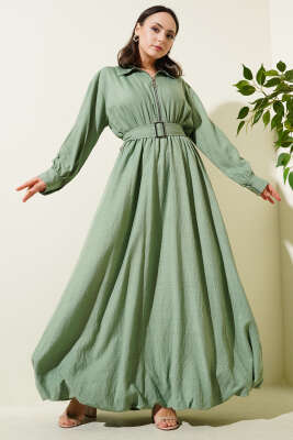 Pazarium - Yarım Fermuarlı Mevlana Elbise Çağla Yeşili