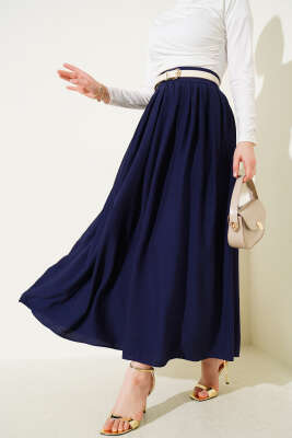 Pile Detaylı Fermuarlı Etek Lacivert - Thumbnail