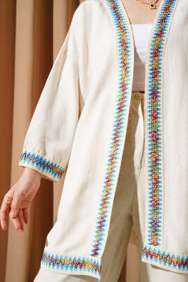 Kenar Nakışlı Keten Kimono Bej - Thumbnail