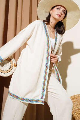 Kenar Nakışlı Keten Kimono Bej - Thumbnail