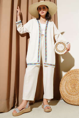 Kenar Nakışlı Keten Kimono Bej - Thumbnail