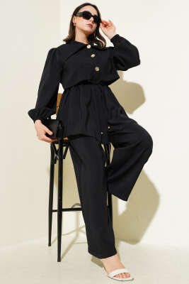 Pazarium - Bolero Detaylı Bel Tünelli İkili Takım Siyah