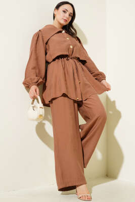 Pazarium - Bolero Detaylı Bel Tünelli İkili Takım Kahve