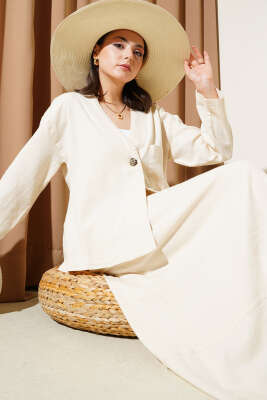 Pazarium - Tek Cepli Düğmeli Etekli İkili Takım Bej