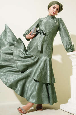 Desenli Fırfır Volanlı Jakar Elbise Haki - Thumbnail