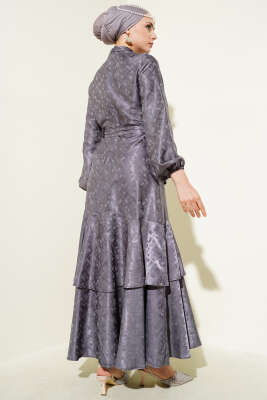 Desenli Fırfır Volanlı Jakar Elbise Füme - Thumbnail