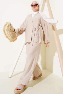 Pazarium - Yandan İp Bağcıklı Kimono İkili Takım Bej