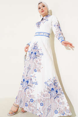 Pazarium - Otantik Desen Etek Pileli Elbise Beyaz