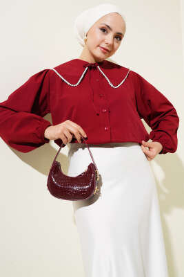 Pazarium - İnci Detaylı Denizci Yaka Kısa Gömlek Bordo
