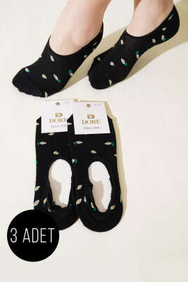 Pazarium - Bayan 3'lü Mini Çiçekli Babet Çorap Siyah