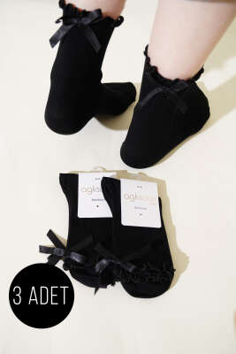 Pazarium - Bayan 3'lü Kurdeleli Soket Çorap Siyah