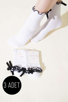 Pazarium - Bayan 3'lü Kurdeleli Soket Çorap Beyaz