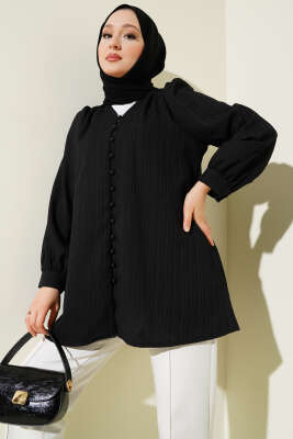 Pazarium - Brit Düğmeli Krinkıl Gömlek Siyah