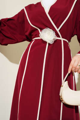 Biye Detaylı Gül Kuşaklı Poplin Elbise Bordo - Thumbnail