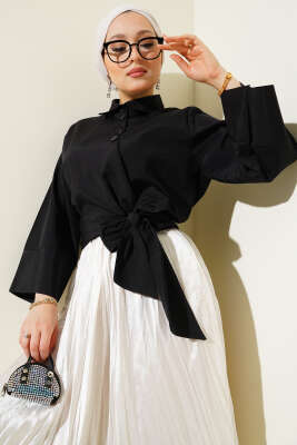 Pazarium - Düğmeli Yan Bağlamalı Kısa Gömlek Siyah