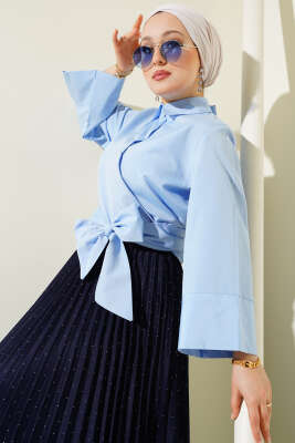 Pazarium - Düğmeli Yan Bağlamalı Kısa Gömlek Bebe Mavi