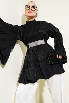 Pazarium - Parlak Kat Kat Tunik Siyah