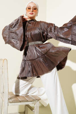 Pazarium - Parlak Kat Kat Tunik Kahve