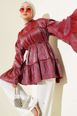 Pazarium - Parlak Kat Kat Tunik Bordo