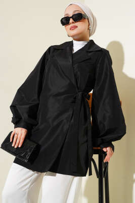 Pazarium - Yan Bağlamalı Parlak Tafta Ceket Siyah