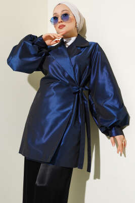 Pazarium - Yan Bağlamalı Parlak Tafta Ceket Lacivert
