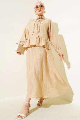 Pazarium - Kırışık Doku İp Kuşaklı Etekli İkili Takım Latte