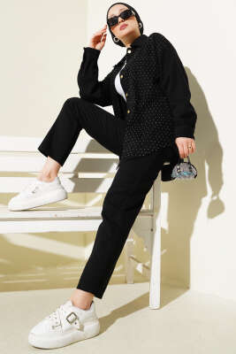 Pazarium - Önü Taşlı Gold Düğmeli Kot İkili Takım Siyah