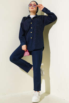 Pazarium - Önü Taşlı Gold Düğmeli Kot İkili Takım Lacivert