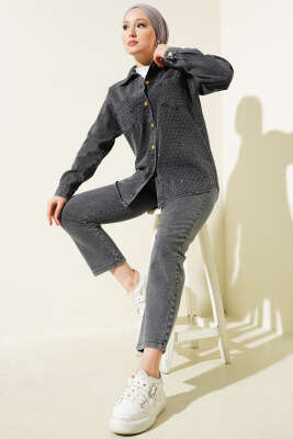 Pazarium - Önü Taşlı Gold Düğmeli Kot İkili Takım Füme