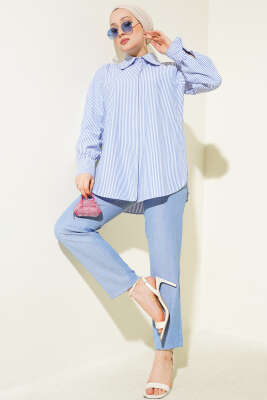 Pazarium - Çizgili Gizli Düğmeli Tunik İkili Takım Buz Mavisi