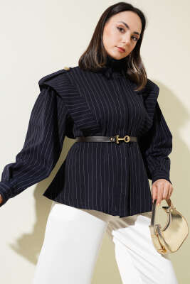 Pazarium - Çizgili Omuz Apoletli Kemerli Ceket Lacivert