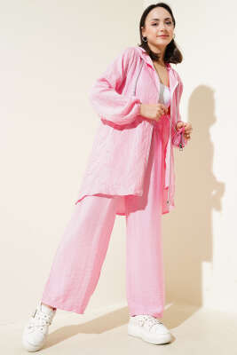 Pazarium - Sim Çizgili Kapüşonlu İkili Takım Pembe