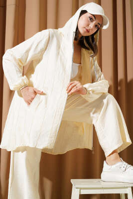 Pazarium - Sim Çizgili Kapüşonlu İkili Takım Krem