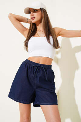 Pazarium - Bel Lastikli Cepli Kot Şort Lacivert