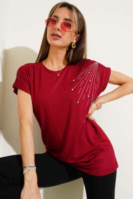 Pazarium - Omuz Damla Taşlı T-shirt Bordo