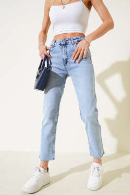 Pazarium - Dar Kesik Paça Mom Kot Pantolon Buz Mavisi