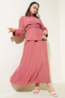 Pazarium - Parça Detaylı Kuşaklı Etekli Ayrobin Takım Gül Kurusu